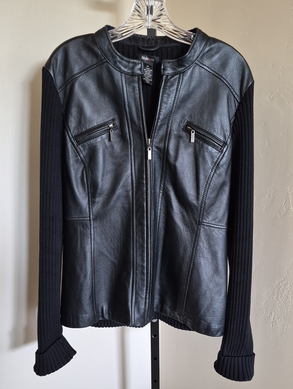Black Mixed Media Genuine Leather Jacket with Ribbed Knit Sleeves Y2K XL